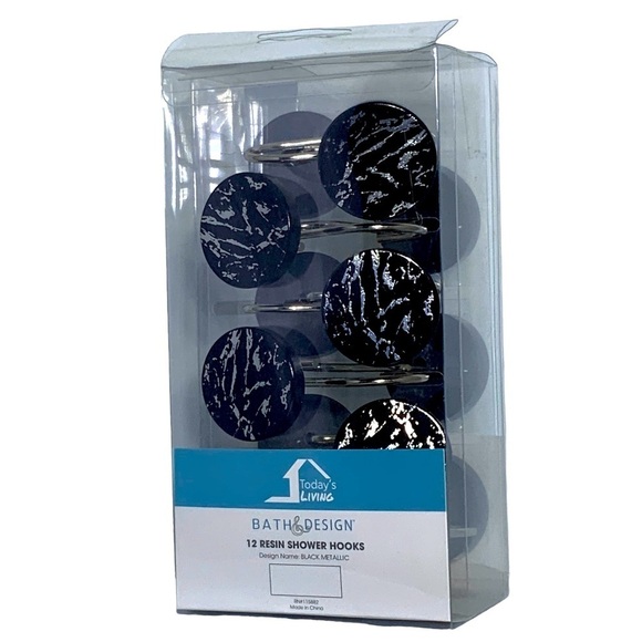 Today’s Living Black Marble Silver Metallic Silver Elite Shower Curtain Hooks - Picture 1 of 16